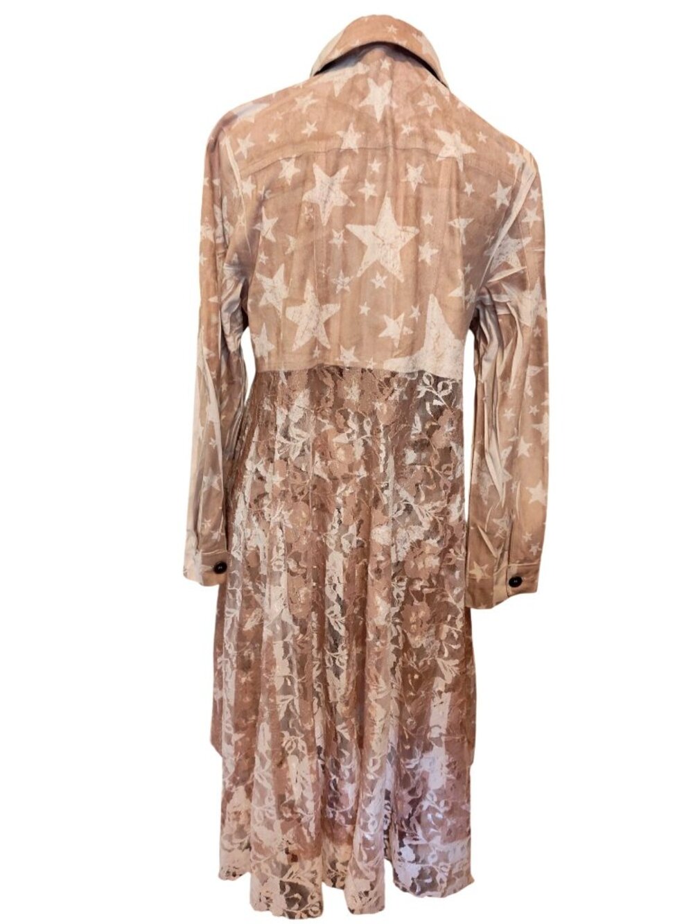 Origami By Vivian Star Print Lace Overlay Shirt Dress Tan/White S - Picture 2 of 9